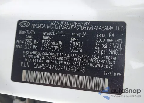 2010 Hyundai Santa Fe Se из США, поврежденный, VIN 5NMSH4AG2AH340448